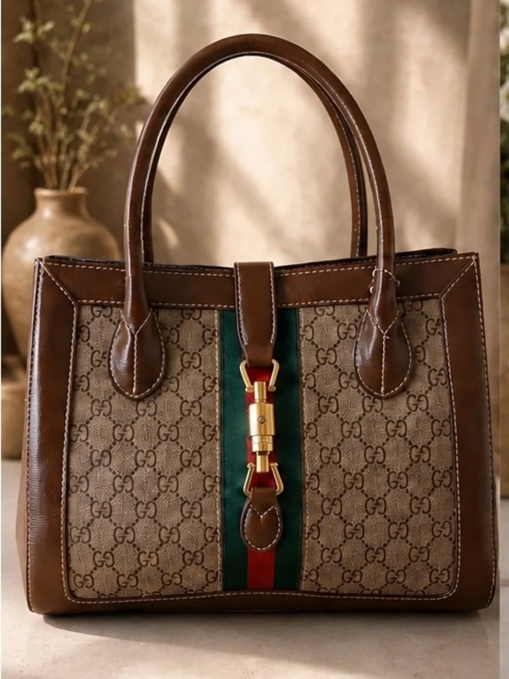Classic Brown Monogram Tote with Green-Red Stripe